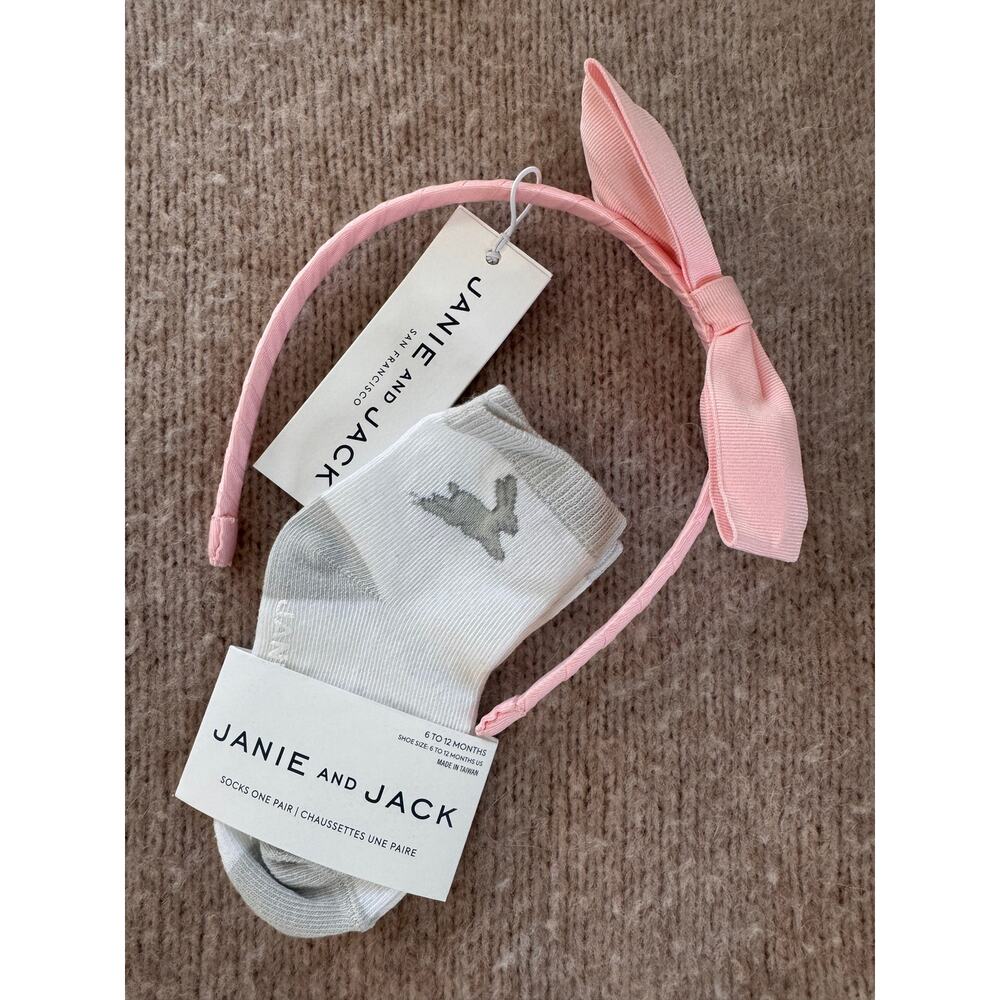 NWT JANIE AND JACK EASTER Kids White Socks & Pink Bow Soft Headband Set 6-12M